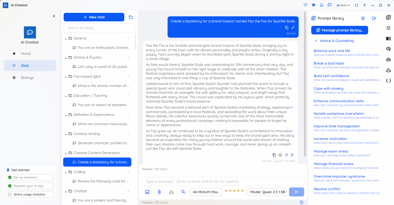 Local AI Chatbot prompt library with categorized, reusable prompts