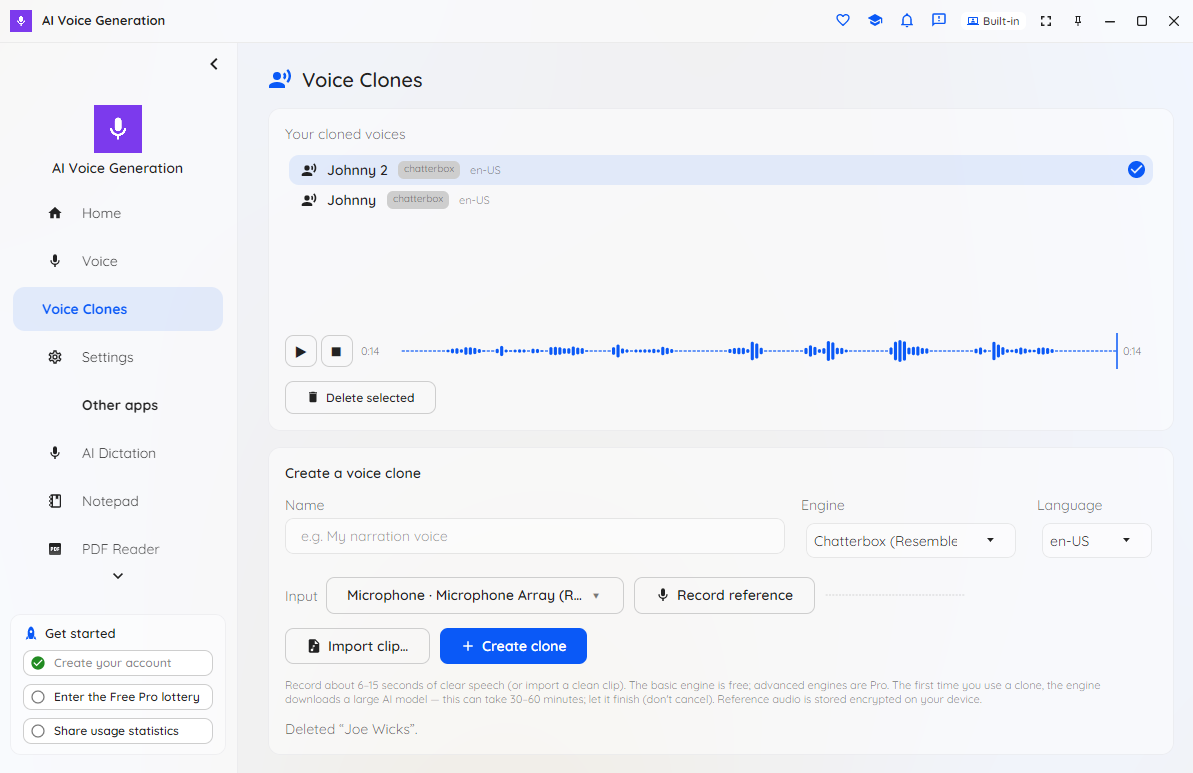Choosing a cloning engine, with the free engine and advanced Pro engines listed