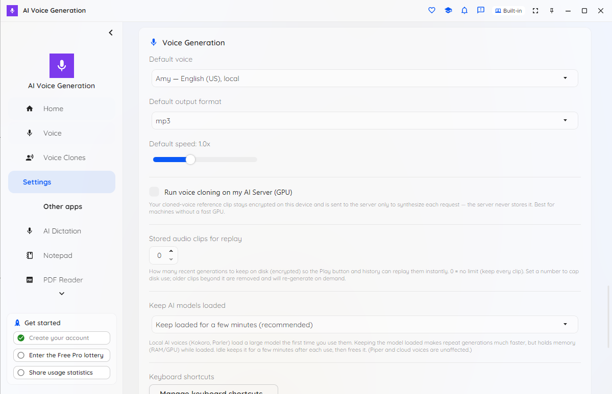 Settings for default voice, output format, speaking speed, audio retention and keeping AI models loaded