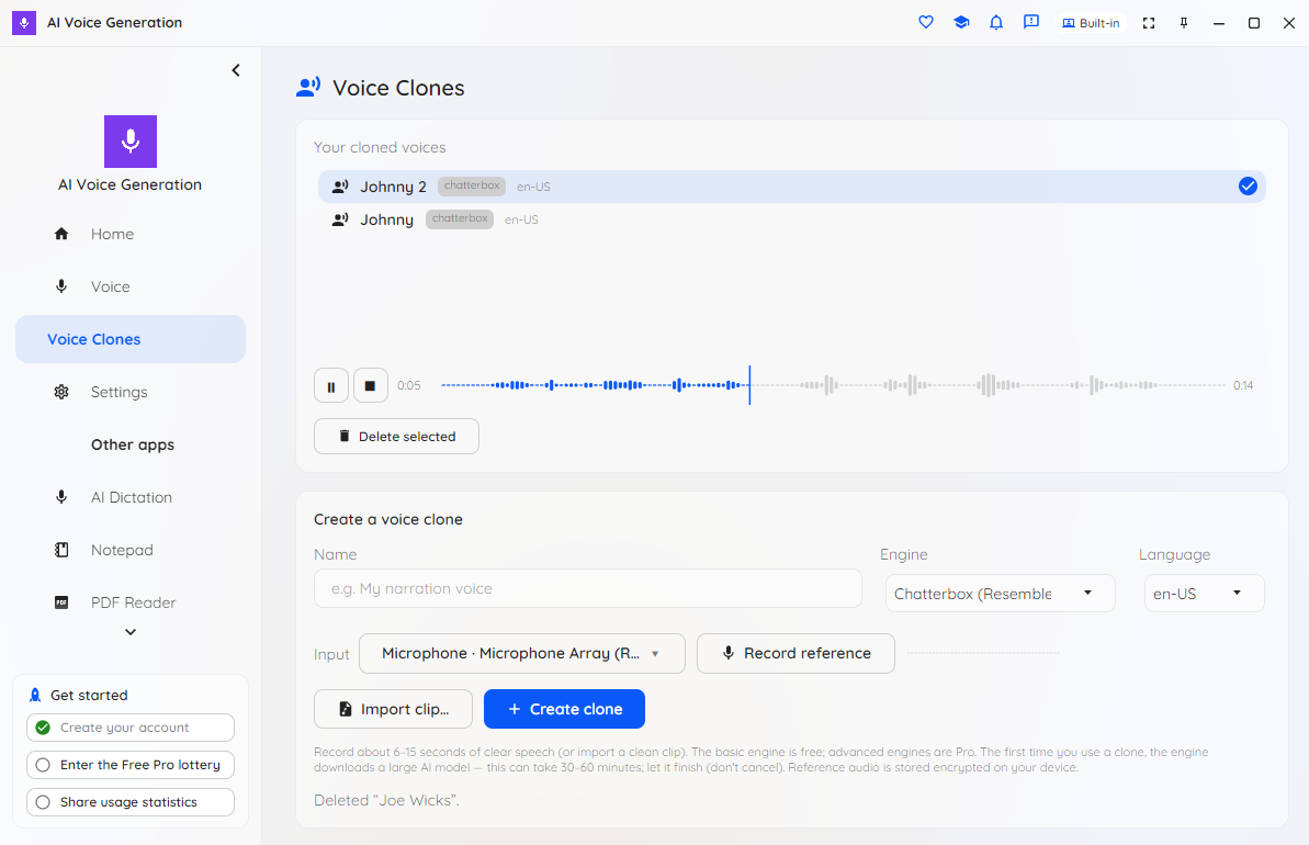 The Voice Clones page where a custom cloned voice is created from a reference clip