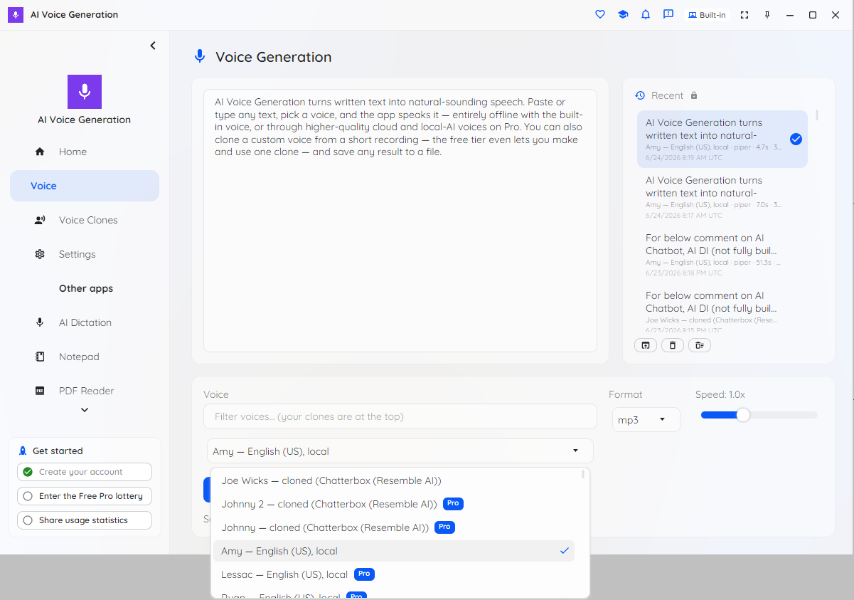 The voice picker open, with cloned voices grouped at the top and a quick-filter search box to narrow the list